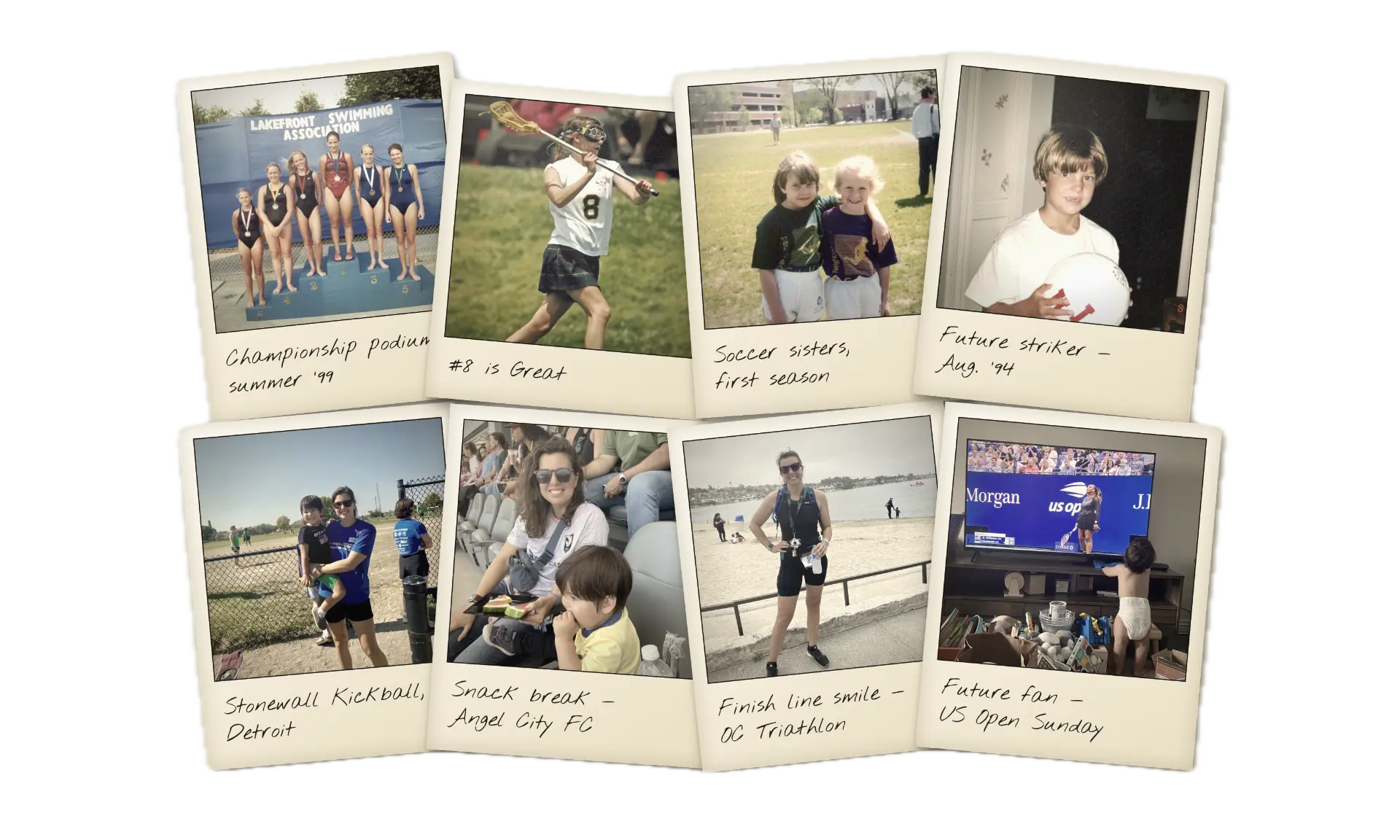 A collage of Polaroid-style photos of Natalie — from playing lacrosse and swimming as a kid to watching sports with her son at stadiums.